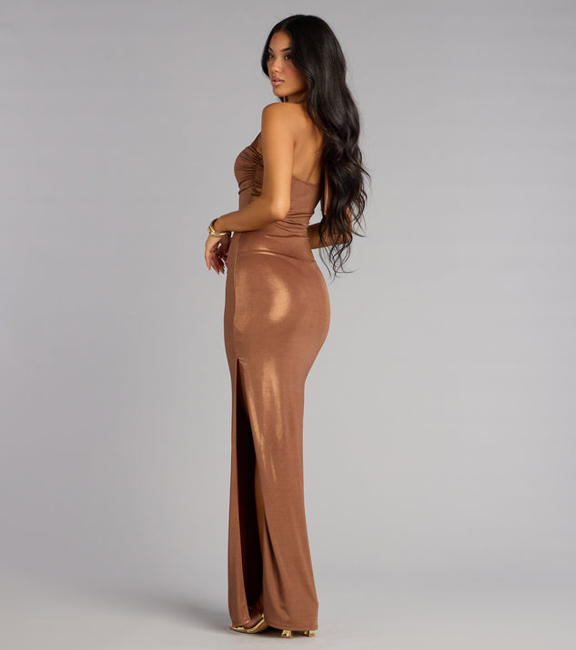 Windsor Tiana Metallic Halter Slit Formal Dress - Image 3
