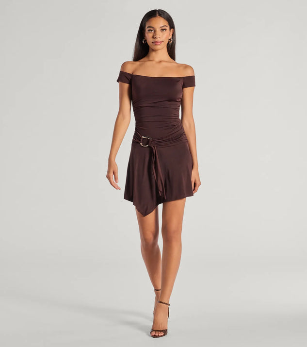 Windsor Trendy Fab Off-The-Shoulder Belted Mini Dress - Image 3