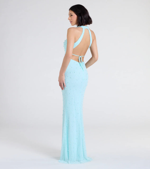 Windsor Tyra Halter Open Back Pearl Mermaid Formal Dress - Image 2