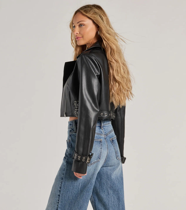 Windsor Untamed Chic Faux Leather Cropped Moto Jacket - Image 3