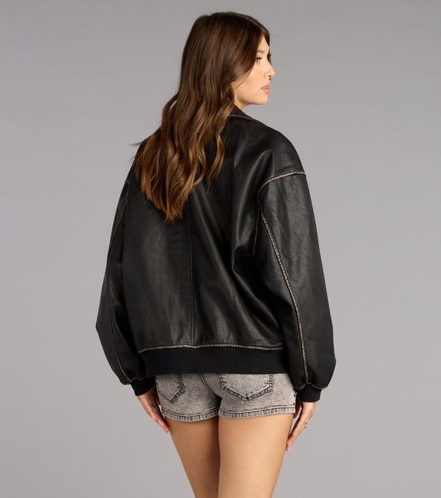 Windsor Vintage Chic Faux Leather Oversized Bomber Jacket - Image 3