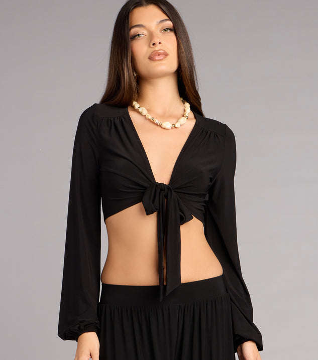 Windsor Weekend Mood Long Sleeve Tie-Front Crop Top - Image 3