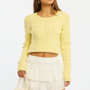 Yellow Cable Knit Top Long Sleeve Crew Neck