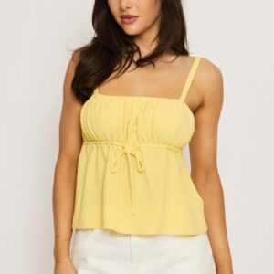 Yellow Cami Top Sleeveless Front Tie Babydoll Linen Blend