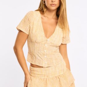 Ally Fashion Yellow Check Button Up Top Short Sleeves V-neck