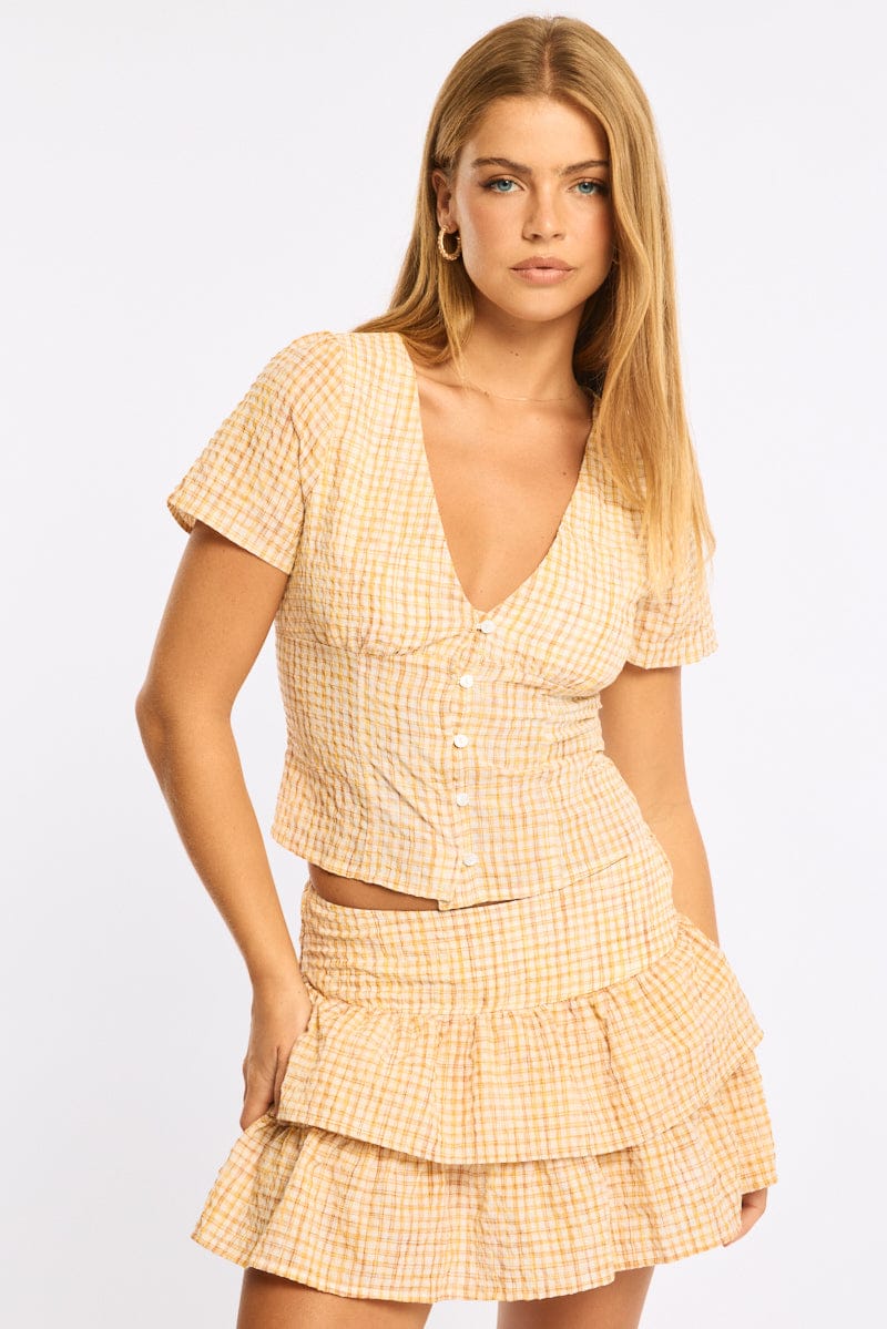 Ally Fashion Yellow Check Button Up Top Short Sleeves V-neck