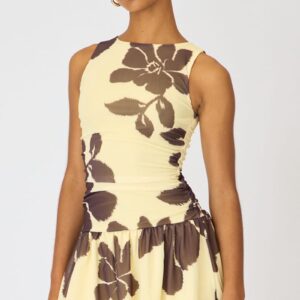 Yellow Floral Mini Dress Drop Waist