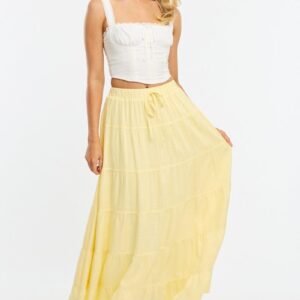 Yellow Maxi Skirt Tiered High Rise Linen Blend