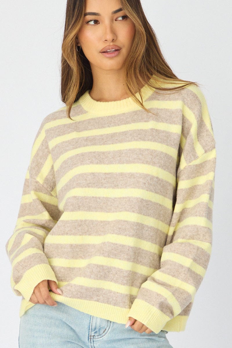 Ally Fashion Yellow Stripe Basic Stripe Knit Sweater Oversized