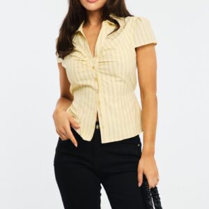 Ally Fashion Yellow Stripe Button Up Shirt Short Sleeve Collared Tie Back