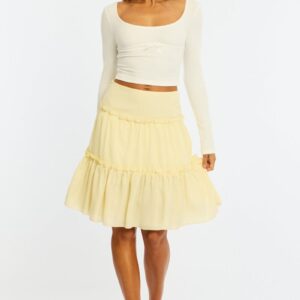 Yellow Tiered Midi Skirt Mid Rise Textured