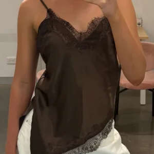 BB Exclusive Ziva Brown Satin Lace Asymmetrical Top