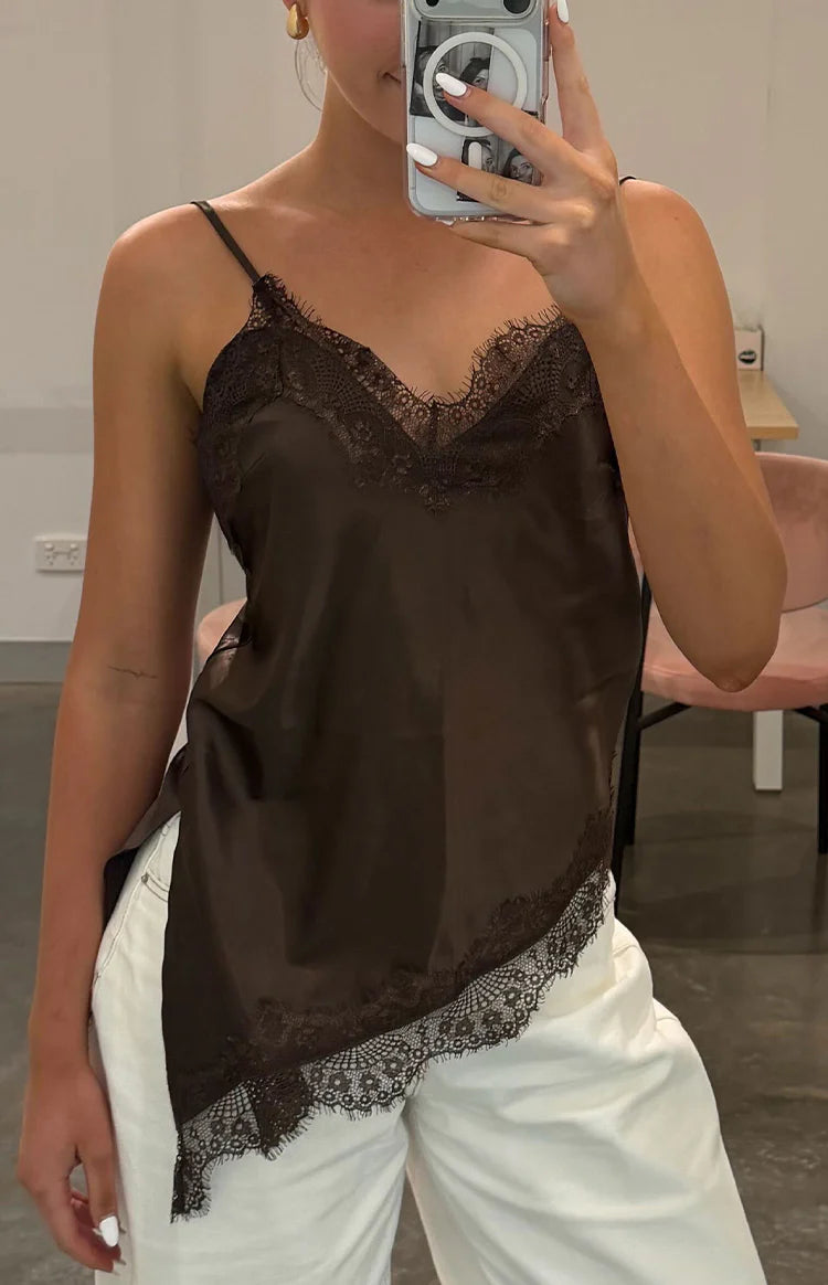 BB Exclusive Ziva Brown Satin Lace Asymmetrical Top
