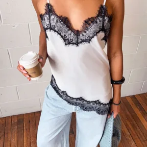 BB Exclusive Ziva White Satin Lace Trim Asymmetrical Top